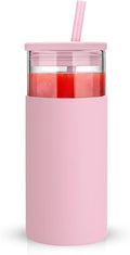 Tronco 20 oz Glass Tumbler With Lids and Straws, Reusable Smoothie Cups With Silicone Lid, Iced Coffee Cup With Silicone Protective Sleeve, Dishwasher Safe- BPA Free（Pink1 Count）