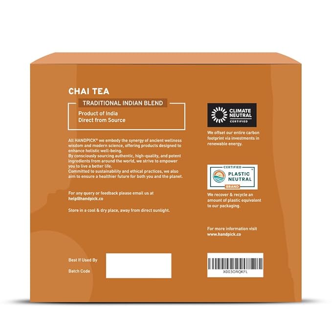 HANDPICK Masala Chai Tea Bags (100 Count) Strong Robust & Aromatic, Blended with Exotic Spices, Cinnamon, Black Pepper, Cloves & Cardamom - Premium Quality Eco-conscious Round Bags