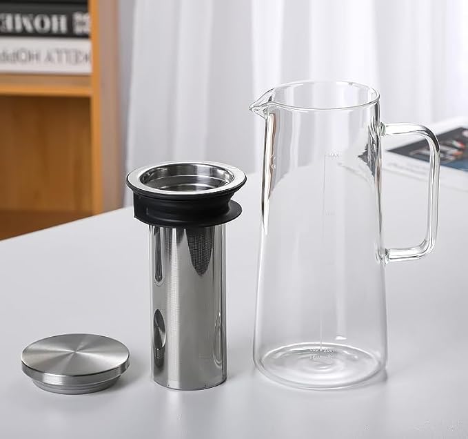 Cold Brew Coffee Maker Borosilicate Glass with 304 Stainless Steel Filter, Tea Infuser Ice Cold Brew Pitcher Kitchen, with Spout Kitchen Iced (48oz (1.4 L))