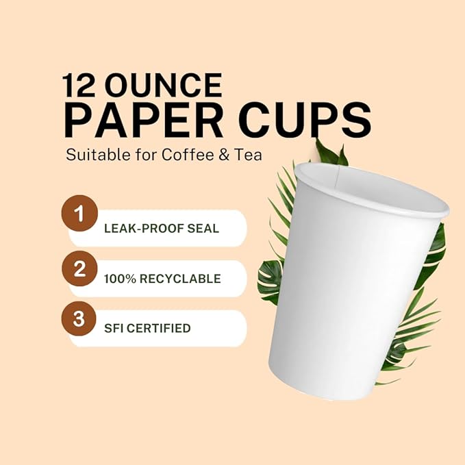 Paper Cups 12 oz 200 Pack for Coffee & Tea Made in USA | Bulk 200 Count for Home, Office, Restaurants & Parties | Recyclable Disposable 12 Ounce To-Go Cups for Hot Drinks