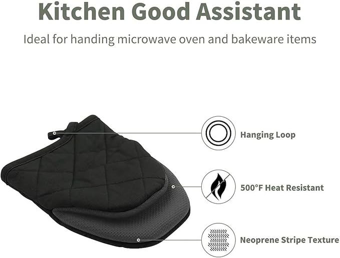 1 Pair Short Oven Mitts, Heat Resistant Silicone Kitchen Mini Oven Mitts for 500 Degrees, Non-Slip Grip Surfaces and Hanging Loop Gloves, Baking Grilling Barbecue Microwave Machine Washable