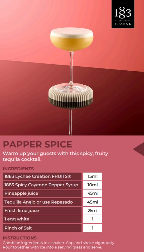 1883 Spicy Cayenne Pepper Syrup for Drinks, Made in France, 1 Liter Glass Bottle