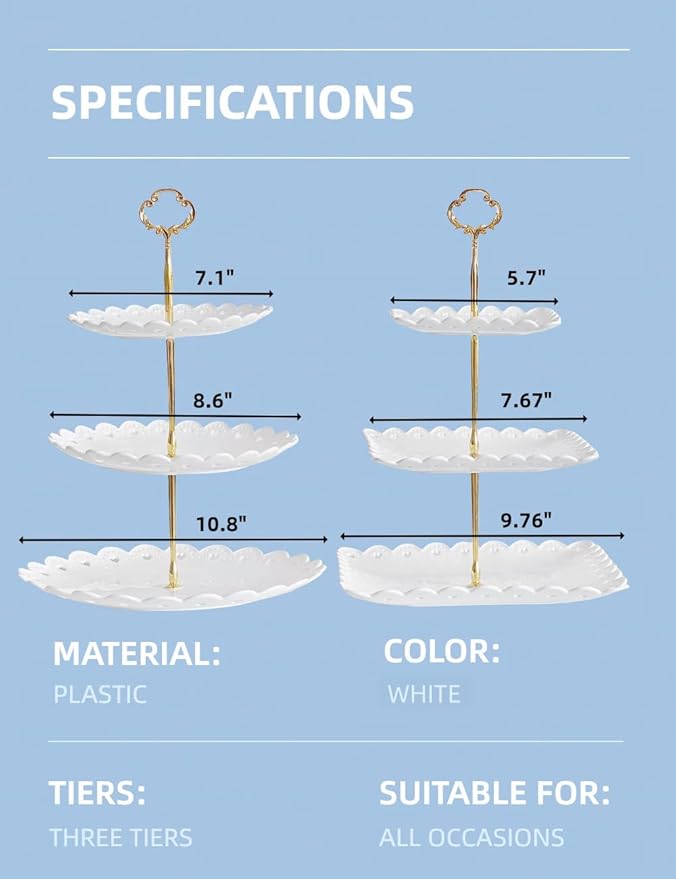 RAUVOLFIA 2 Pack of Plastic Round & Square Dessert Cupcake Stand, 3 Tier Cup Cake Holder Tower for Tea Party/Birthday/Wedding, Plastic Tiered Serving Tray (White)
