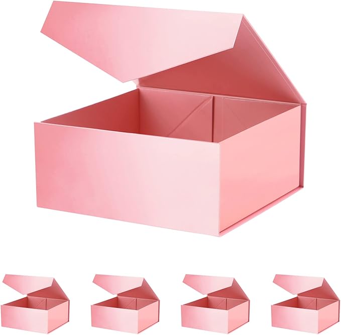 HAPPY POTATO 5 Packs Gift Boxes 7.5x7.5x3 Inches, Pink Gift Boxes with Lids, Bridesmaid Proposal Boxes, Square Gift Boxes, Magnetic Gift Boxes for Presents (Glossy Pink, Pack of 5)