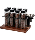 watchget Single Dose Coffee Storage Tubes 10 Pcs Dosing Glass Vials with One-way Exhaust Valve Lids Coffee Bean Storage Coffee Bean Cellar with Hopper & Wood Base, B