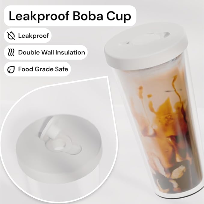 Reusable Boba Cup with Resealable Lid Plug - 17 Oz Double Wall Insulated | Smoothie Tumbler | Wide Stainless Steel Straw For Bubble Tea, Boba Pearls - White