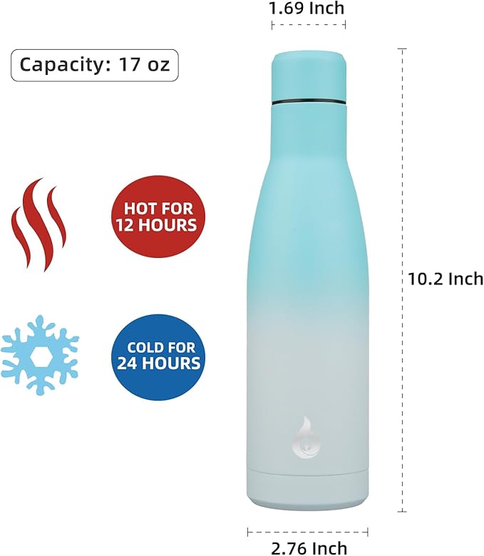 BJPKPK Insulated Water Bottle 17oz Stainless Steel Water Bottles Dishwasher Safe Reusable Metal Thermos Keep Cold and Hot,Sea Salt