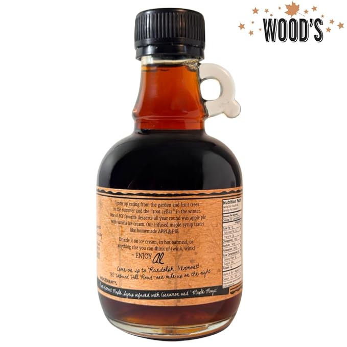 Wood’s Vermont Apple Pie Maple Syrup – Infused Vermont Maple Syrup with Warm Spices & Real Apple Flavor | Small-Batch, Vegan Natural Sweetener | Perfect for Pancakes, Ice Cream, Cocktails & Baking | 8.45 Fl Oz (250mL)