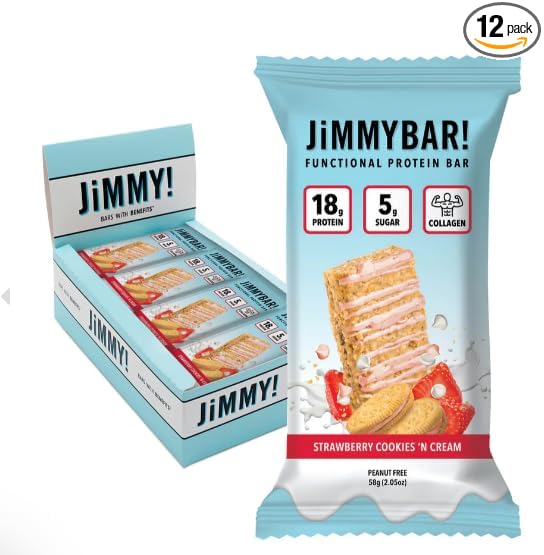 JIMMYBAR! - Strawberry Cookies 'n Cream - Protein Bars With Collagen - 12 Count - 18g Protein Snack Bars - 5g Sugar - Protein Snacks for On-The-Go - Post Workout Meal Replacement Bar