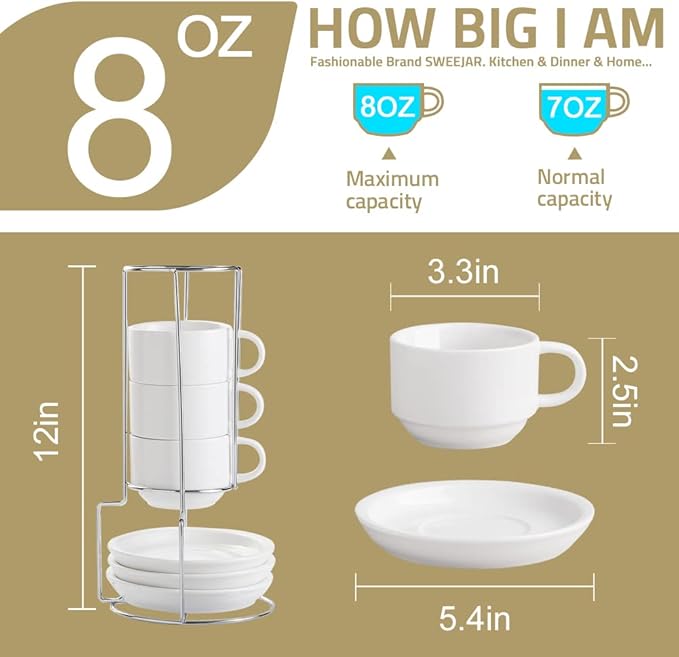 Sweejar Porcelain Cappuccino Cups with Saucers and Metal Stand, 8 Ounce Stackable Espresso Cups for Specialty Coffee Drinks, Latte, Americano, Tea - Set of 4 (White)