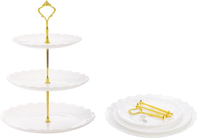 Tosnail 3-Pack 3-Tiers White Plastic Cupcake Stand, Dessert Serving Trays, Party Serving Tray Fruit Pastry Holders Catering Tray for Wedding, Party, Gathering - Round with Gold Rod
