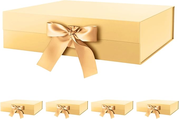 HAPPY POTATO 5 Large Gift Boxes with Ribbon 13.5x9x4.1 Inches, Gold Boxes with Lids, Bridesmaid Proposal Boxes, Magnetic Gift Boxes for presents (Glossy Gold, Pack of 5)