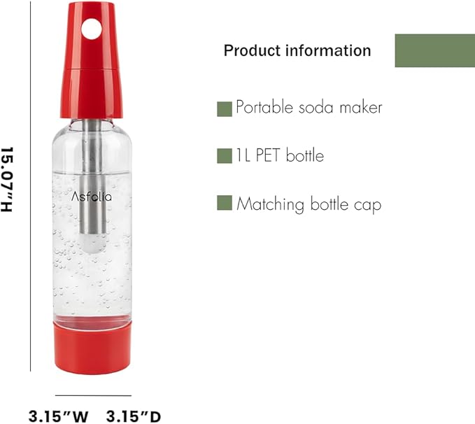 Portable Sparkling Water Maker - Travel Soda Maker for Home & Outdoor, 1L Carbonating Bottle, 10 pcs CO2 Cylinders, Compact Carbonated Water Machine for Flavored Drinks, Soda Machine (Red)