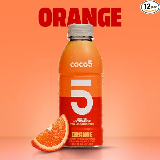 Coco5 Clean Sports Hydration Orange Flavor | 100% Natural | 50% Less Sugar | Nothing Artificial | Non-GMO | Gluten Free | Developed by Pro Trainers for Pro Athletes | 16.9 Oz (Pack - 12)
