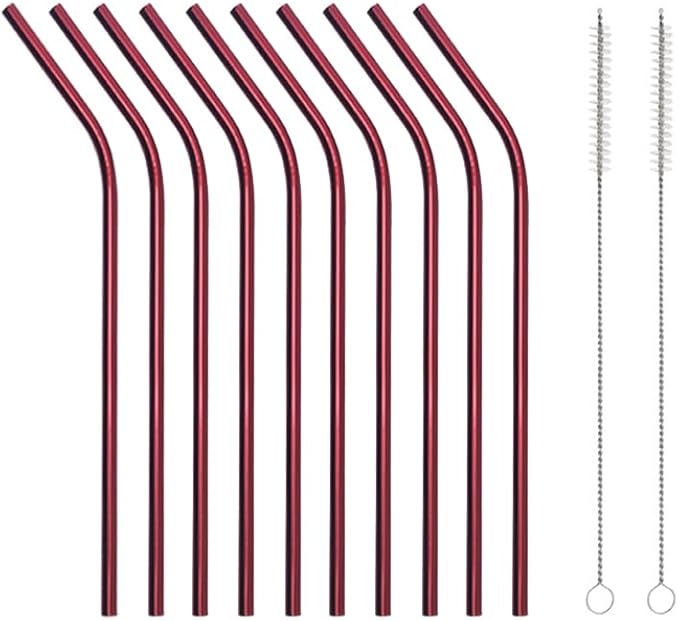 10 Pcs Stainless Steel Straws, Reusable Drinking Straws, Bent Metal Straw Sets with 2 Pcs Cleaning Brushes (Red, 10.5 Inch)