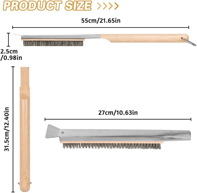 Pizza Oven Brush, 21" Brush and Stainless Steel Scraper for Pizza Stone, BBQ Grill Cleaning Brush Non Scratch Heat Proof Stainless Steel Bristles with Screwdriver for Pizza Oven and Accessories