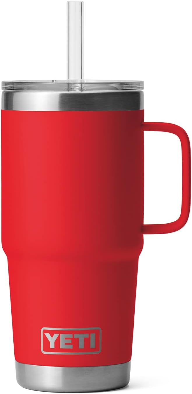 YETI Rambler 25 oz Tumbler with Handle and Straw Lid, Travel Mug Water Tumbler, Vacuum Insulated Cup with Handle, Stainless Steel, Rescue Red