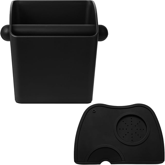 Large Square Knock Box Shock-absorbent Knock Box Espresso with Removable Knock Bar and Non-Slip Base Espresso Accessories for Home/Office (Large Black Knock Box with Tamper Mat)