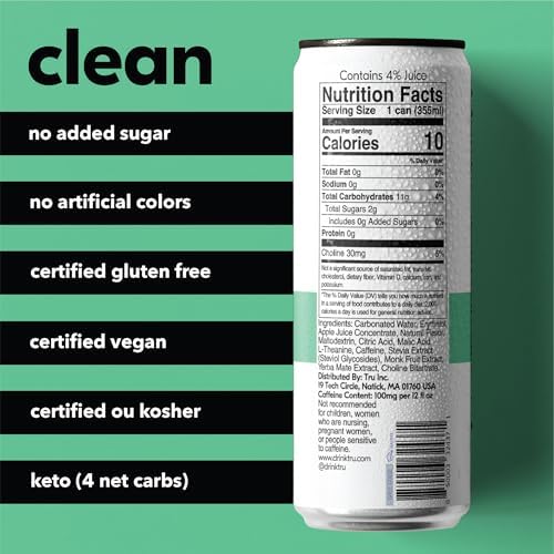 Tru Focus Seltzer, Sparkling Water with Green Tea Extract, Yerba Mate, L Theanine & Real Apple Kiwi Juice, Sweetened with Monk Fruit & Stevia, Gluten Free, Vegan, Sugar Free, 12 FL OZ Cans, 12 Pack