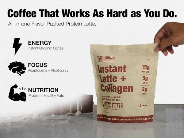 STRONG COFFEE COMPANY Instant Hazelnut Latte - 15g Protein, Instant Protein Coffee with Collagen, Adaptogens & Nootropics, No Crash, No Jitters, 12 Servings Bag