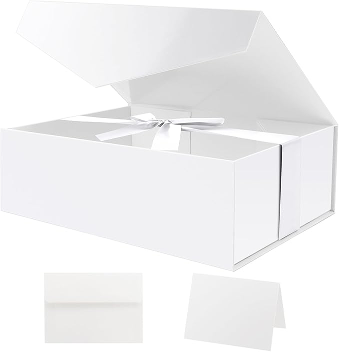 HAPPY POTATO Large White Gift Box with Ribbon 11.5x8.1x3.8 Inches, Bridesmaid Proposal Magnetic Gift Box with Lid for Presents (Glossy White)