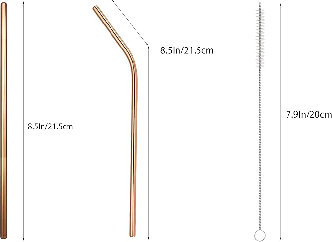 10 Pcs Stainless Steel Straws, Reusable Drinking Straws, 5 Straight + 5 Bent Metal Straws Set With 2 Pcs Cleaning Brushes (Rose Gold, 8.5 Inch)