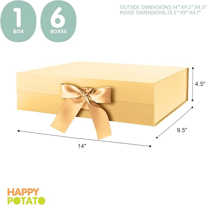 HAPPY POTATO 6 Large Christmas Gift Boxes with Lids and Ribbon 13.5x9x4.1 Inches, Bridesmaid Proposal Boxes, Gold Gift Boxes for presents (Glossy Gold, Pack of 6)