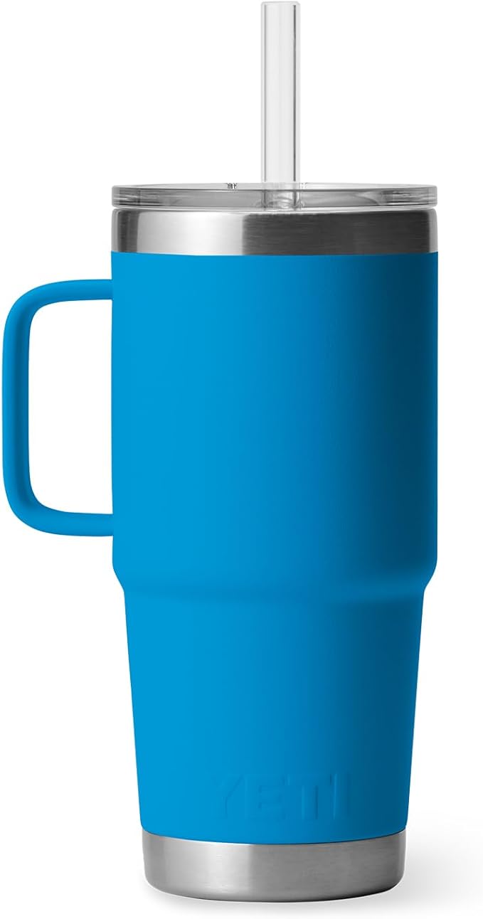 YETI Rambler 25 oz Tumbler with Handle and Straw Lid, Travel Mug Water Tumbler, Vacuum Insulated Cup with Handle, Stainless Steel, Big Wave Blue