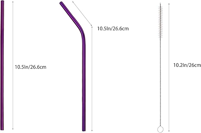 10 Pcs Stainless Steel Straws, Reusable Drinking Straws, 5 Straight + 5 Bent Metal Straws Set With 2 Pcs Cleaning Brushes (Purple, 10.5 Inch)