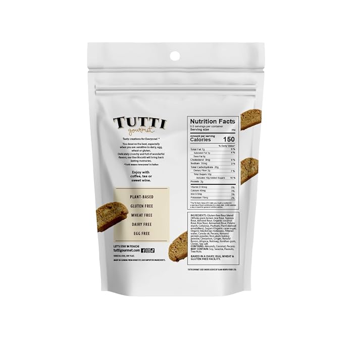 Tutti Gourmet Gluten Free Gingerbread Biscotti, 9.9 oz (283g) Resealable Cookie Bag - Vegan and Halal Snacks