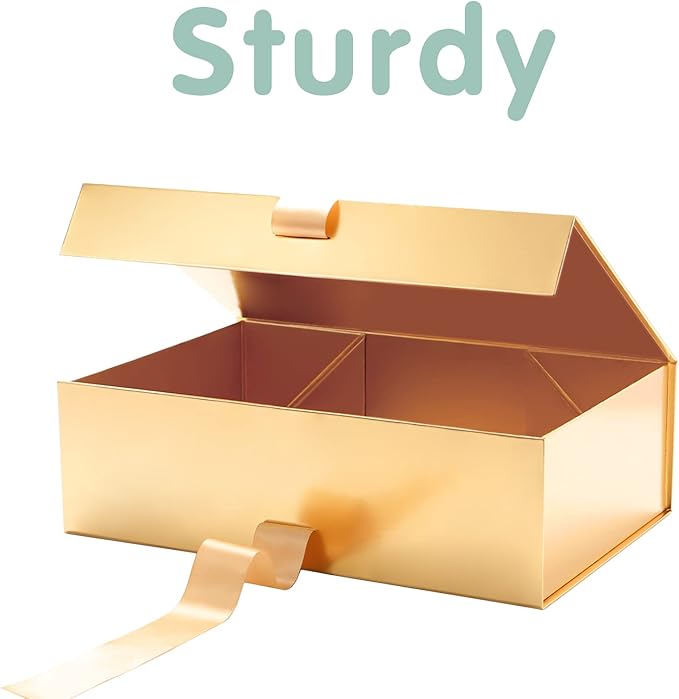 HAPPY POTATO 6 Large Christmas Gift Boxes with Lids and Ribbon 13.5x9x4.1 Inches, Bridesmaid Proposal Boxes, Gold Gift Boxes for presents (Glossy Gold, Pack of 6)