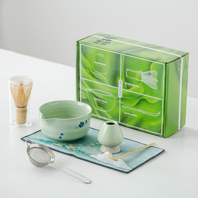 matcha whisk set, including matcha bowl, matcha whisk and stand, sieve, spoon, cloth mat, gift for matcha set(Light green)
