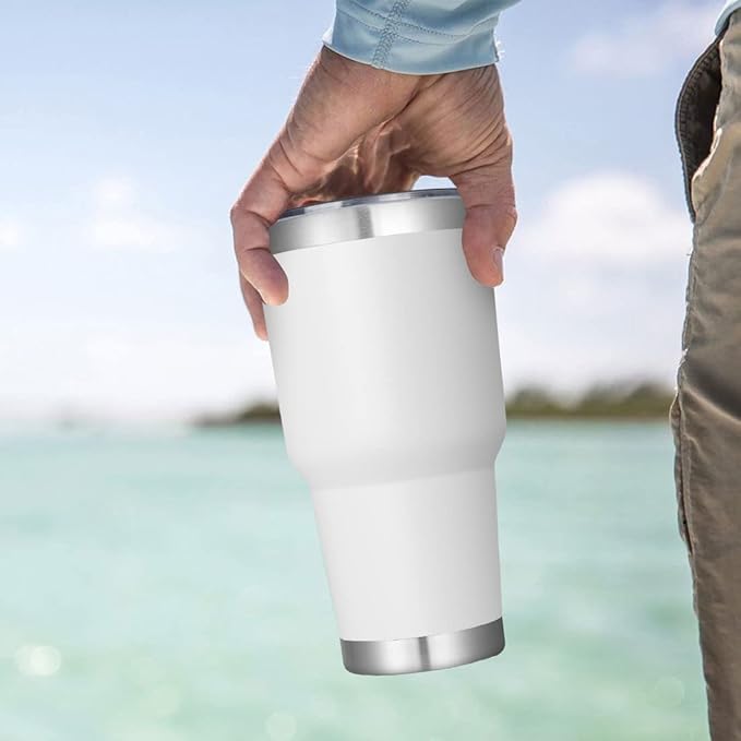 DOMICARE 30 oz Tumbler with Lid and Straw, Stainless Steel Tumblers Bulk, Insulated Vacuum Double Wall Travel Coffee Mug, Durable Powder Coated Tumbler Cups (White, 8)