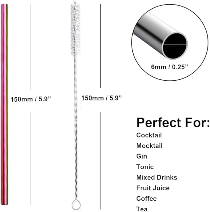 Stainless Steel Straws Short Small Mini Metal Kids 6 Inch Drinking Straw Reusable for Cocktails Coffee Mugs Goblets Bar Party Home Office Restaurant with Cleanning Brush, Colorful 8Pcs
