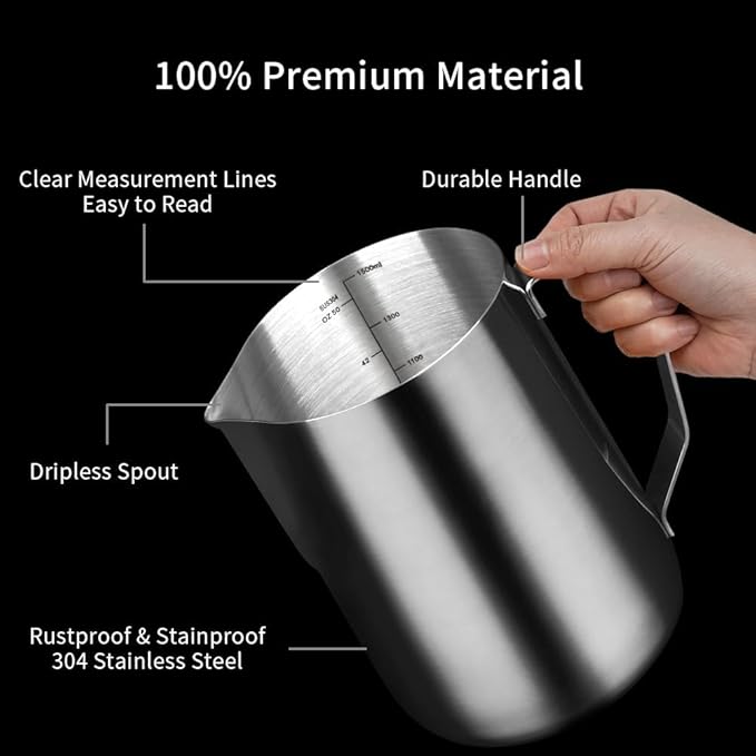 watchget Milk Frothing Pitcher 50oz/1500ml - Stainless Steel Espresso Steaming Pitcher for Cappuccino, Latte Art, Coffee Machine Accessories Milk Jug Frother Cup, Silver