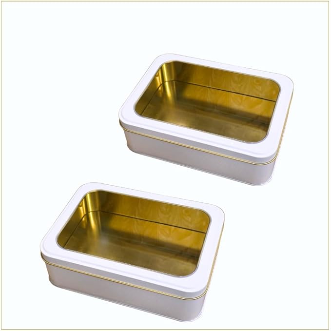 Pack of 2 Pearl White Rectangular Tin Container With Clear Lid, Multipurpose Tin Box, Festive Tin Box for Gift Giving, Cookies, Stationery & More - 7.25 x 5.25 x 2.25 Inches