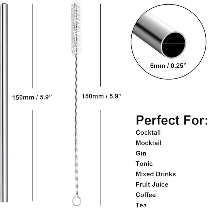 Cocktail Straws Short Stainless Steel Straw 6 Inch, Reusable Metal Small Mini Bar Drinking Straws Set with Cleaner Brush for Cocktails Rock Gin Glass Coffee Mason Jar Tumblers Juice Box, Silver 8 Pcs