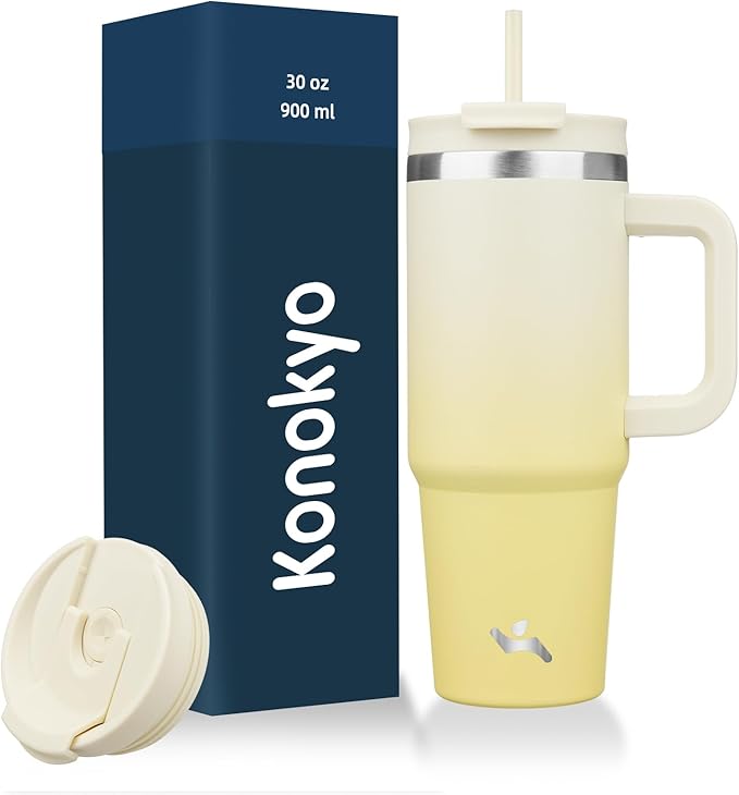 30 oz Tumbler with Handle and 2 Straws,2 in 1 Lid Insulated Water Bottle Stainless Steel Travel Coffee Mug,Lemon
