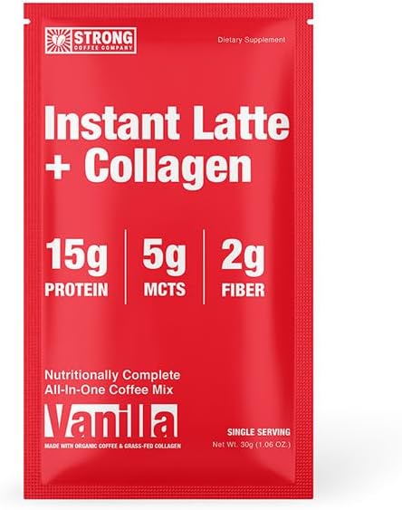 STRONG COFFEE COMPANY Instant Vanilla Latte Travel Pack - - 15g Protein, Instant Protein Coffee with Collagen, Adaptogens & Nootropics, No Crash, No Jitters, 7 Servings Bag