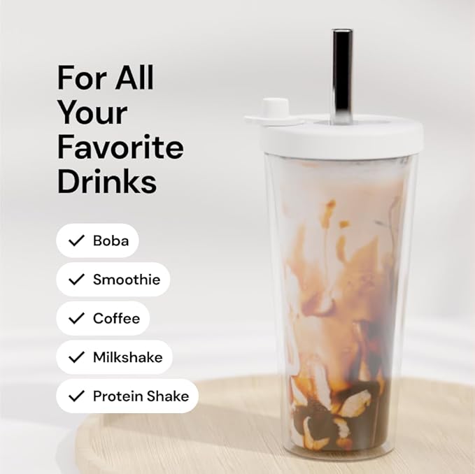 Reusable Boba Cup with Resealable Lid Plug - 17 Oz Double Wall Insulated | Smoothie Tumbler | Wide Stainless Steel Straw For Bubble Tea, Boba Pearls - White