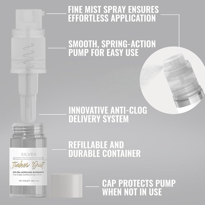 Bakell - Silver Tinker Dust (4g, 1x Mini Spray Pump) Edible Glitter for Food, Desserts, and Beverages!