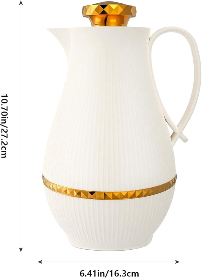 Insulated Thermal Coffee Carafe, 33 oz, Luxury Arabic-Style Insulated Carafe Flask,Coffee Tea Pot,with Spout and Glass Liner for Hot Cold Water,Housewarming Ornaments (White)