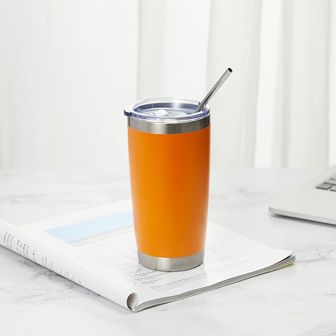 COMOOO 20oz Double Wall Vacuum Insulated Travel Mug, Stainless Steel Tumbler with Lid and Straw Durable Powder Coated Insulated Coffee Cup for Cold & Hot Drinks（Orange, 1 Pack）
