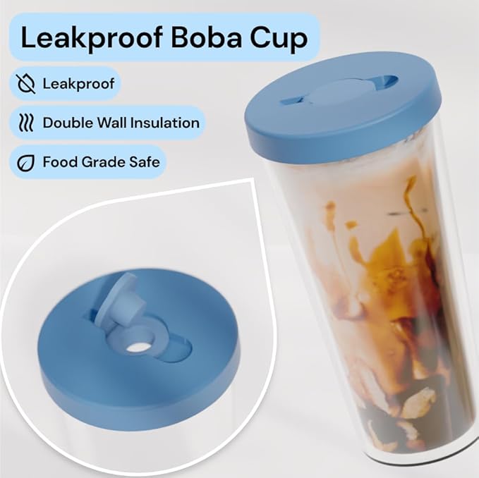 Dodoko Reusable Boba/Bubble Tea Cup - 17 oz with Lid & Straw; Cold Coffee/Smoothie Cup to Go - Breeze Blue