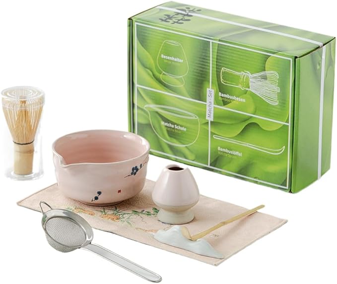 matcha whisk set,matcha set, including matcha bowl, matcha whisk and stand, sieve, spoon, cloth mat, gift for matcha lovers (pink)