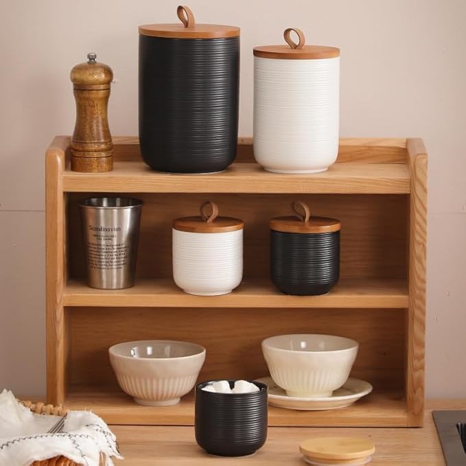 Food Storage Jar Strong Ceramic Storage Canisters with Airtight Wooden Lid,Kitchen Storage Containers for Serving Coffee Beans, Tea, Sugar, Salt, Spices (Black three-piece set)