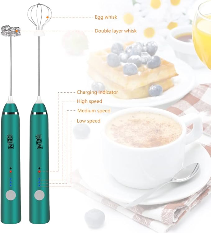 Delm Milk Frother Electric USB Stainless Steel Accessory - Frother Wand Foam Maker for Lattes - Milk Frother Handheld for Cappuccino, Frappe, Matcha, Hot Chocolate - Frother for Coffee (green)
