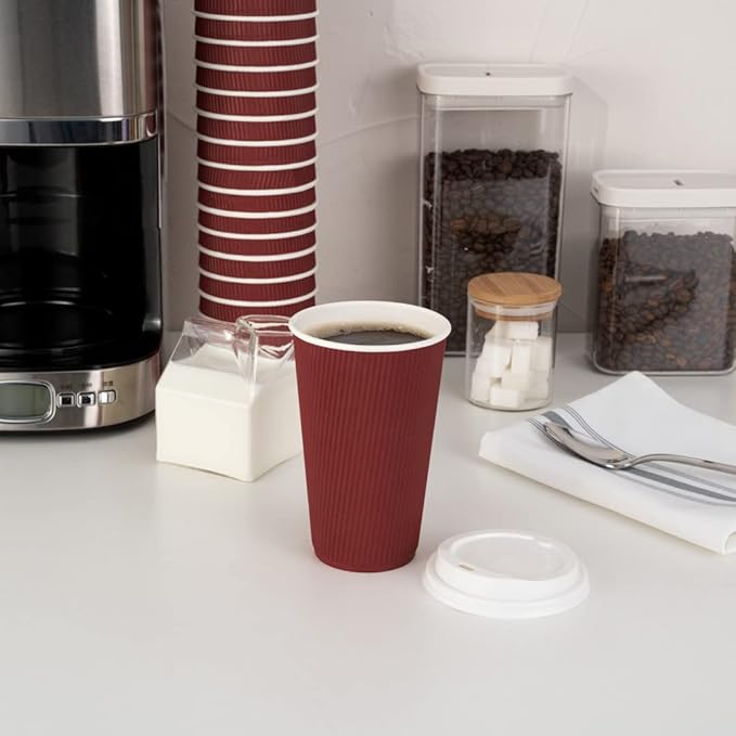 Restaurantware 12 Ounce Double Wall Disposable Coffee Cups, 500 Insulated Crimson Paper Tumblers with Rolled Rim Design, Lids Sold Separately for Hot Drinks like Tea, Hot Chocolate and More