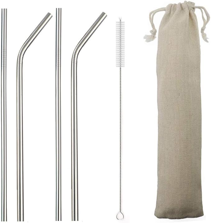 Gugrida Metal Straws Stainless Steel Straws 8.5" Drinking Straws Reusable 4 Set - Ultra Long Muti Color-Cleaning Brush for 20/30 Oz for Trail Tumblers Yeti RTIC SIC Ozark (2 Straight|2 Bent|1 Brush）