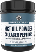 MCT Oil Powder + Keto Collagen Peptides + Acacia Fibre 16oz (Unflavored). 10g MCT, 5g Collagen. MCT Collagen for Coffee Creamer, Shakes, Smoothies, Ketogenic Low Carb Protein Powder